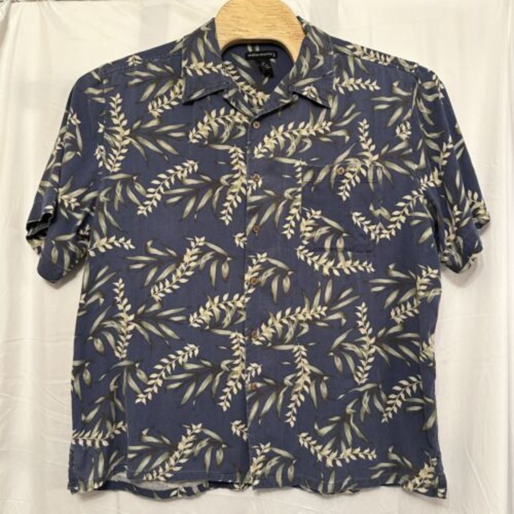 STATEMENTS Men Size XL 100% Silk Hawaiian Button Down‎ Shirt Palm Blue